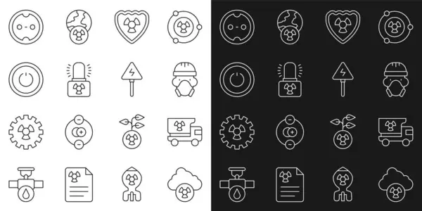 Establecer línea Lluvia ácida y nube radiactiva, Camión con materiales de radiación, Trabajador del reactor nuclear, Escudo radiactivo, lámpara de advertencia, botón de encendido, toma de corriente eléctrica y el icono de señal de alto voltaje. Vector — Archivo Imágenes Vectoriales