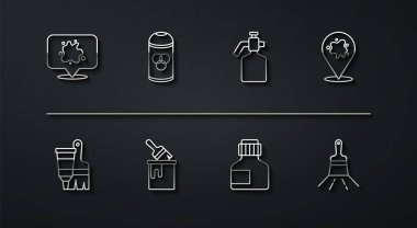 Çizgi boya spreyi, boya ve fırçalı tüp, boya, guaj, kavanoz, boya, kova, kutu ve silah ikonu. Vektör