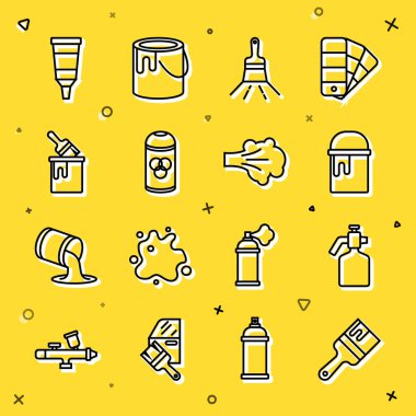 Boya fırçası, sprey tabanca, kova, kutu, tüp boya paleti ve ikon. Vektör