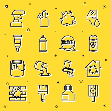 Hat spreyi başlığı sıkabilir, evi boyayabilir, sprey sıkabilir, boya paletli tüp, silah ve RGB ikonu. Vektör