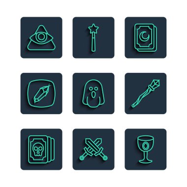 Tarot kartları, çapraz ortaçağ kılıcı, Ortaçağ kadehi, Hayalet, Sihirli Taş, Tanrı 'nın her şeyi gören gözü ve asa ikonu. Vektör