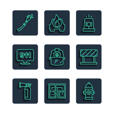 Hat yangın söndürücü, tahliye planı, yangın musluğu, flasher siren, itfaiyeci kaskı, 911 'i, hortum makarasını ve yol bariyeri ikonunu ayarla. Vektör