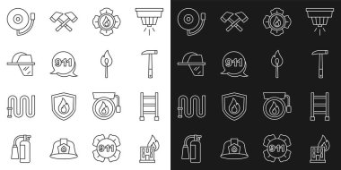 Yanan binada, firar, itfaiyeci baltası, 911 'i ara, miğfer, yangın ikonu ile alarm zili çal ve yangın kibriti yak. Vektör