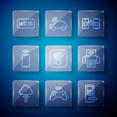 Network bulut bağlantısını ayarla, kablosuz oyun sahası, dijital kapı kilidi, veri transferi ve depolama, kablosuz internet yok, kablosuz ağ bağlantısı olan mobil, 5G ve Smart yazıcı ikonu. Vektör