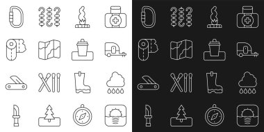 Gün Doğumu, Yağmurlu Bulut, Karavan Kamp Karavanı, Kamp Ateşi, ve harita üzerinde yürüyüş, kağıt havlu rulosu, karabina ve çöp kutusu ikonu. Vektör