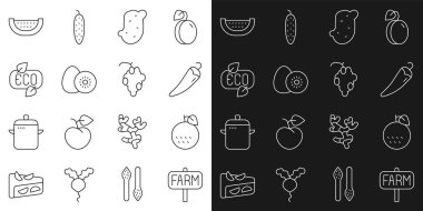 Set hattı konum çiftliği, portakal meyvesi, acı biber, patates, kivi, yapraklı eko sembolü, karpuz ve üzüm ikonu. Vektör