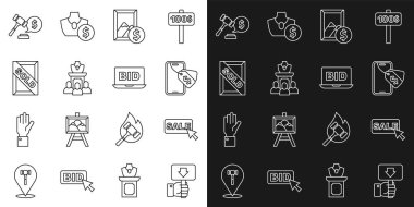 Set Line Hand açık arttırma raketi, Price etiketi Sale, Online açık arttırma, mücevher satışı, satıldı, çekiç fiyatı ve ikon. Vektör