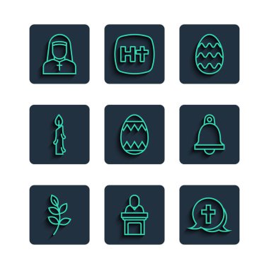 Söğüt yaprağı, kilise papazı vaazı, Hıristiyan haçı, Paskalya yumurtası, yanan mum, rahibe ve çan simgesi. Vektör