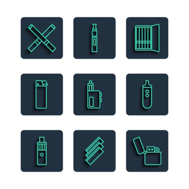 Vape mod cihazı, sigara sarma kağıtları, çakmak, çanta ve elektronik sigara ikonu ayarlayın. Vektör