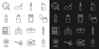 Elektronik sigara, marihuana esrar, esrar, çakmak, Vape sıvı şişe, kül tablası ve kibrit kutusu ve kibrit kutusu. Vektör