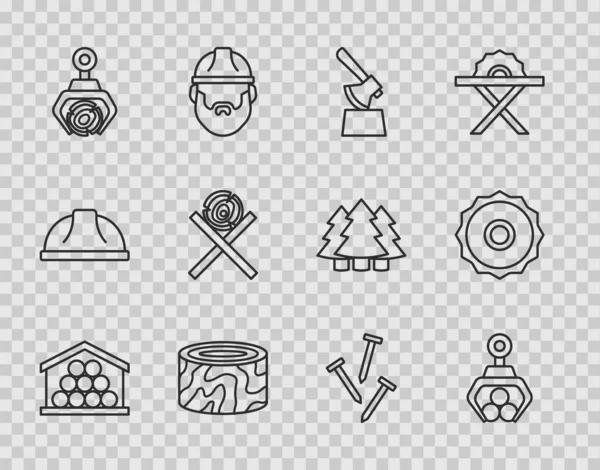 Set line Wooden logs, Grapple crane grabbed a, axe in stump, Tree, on stand, Metallic nails and Circular saw blade icon. Vector — Stock Vector