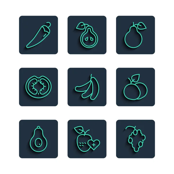 Set line Avokádo, Zdravé ovoce, Hrozny, Hruška, Banán, Rajčata, Hot chilli paprika a Mango ikona. Vektor — Stockový vektor