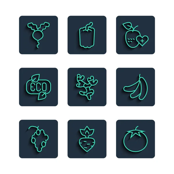 Set lijn Druiven, Rauw, Tomaat, Gezond, Gember wortel, Blad Eco-symbool, Rauw en Banaan pictogram. Vector — Stockvector