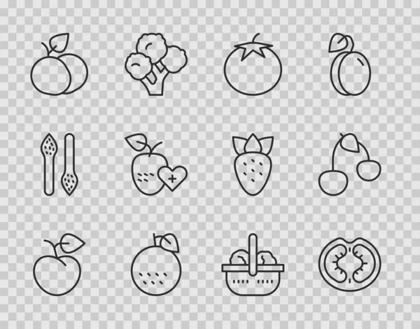 Set baris buah persik atau nektarin, Tomato, Oranye, Mango, Sehat, Keranjang dan makanan dan ikon Cherry. Vektor - Stok Vektor
