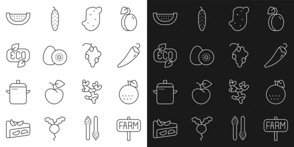 Set line Emplacement ferme, fruit orange, piment fort, pomme de terre, kiwi, éco-symbole de feuille, pastèque et icône de raisin. Vecteur — Image vectorielle