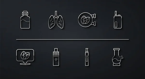Σετ γραμμή Vape υγρό μπουκάλι, φύλλα καπνού, ηλεκτρονικό τσιγάρο, συσκευή mod, Πνεύμονες, Bong και εικονίδιο κατάστημα. Διάνυσμα — Διανυσματικό Αρχείο
