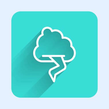 Beyaz çizgi Storm simgesi uzun gölge arkaplanı ile izole edildi. Bulut ve şimşek işareti. Fırtınanın hava durumu ikonu. Yeşil kare düğmesi. Vektör