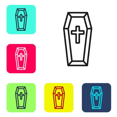 Beyaz arka planda izole edilmiş siyah çizgi tabut ve Hıristiyan haç simgesi. Mutlu Cadılar Bayramı Partisi. Renkli kare düğmelerle simgeleri ayarla. Vektör