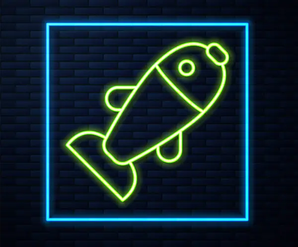Linha de néon brilhante ícone de peixe isolado no fundo da parede de tijolo. Vetor —  Vetores de Stock