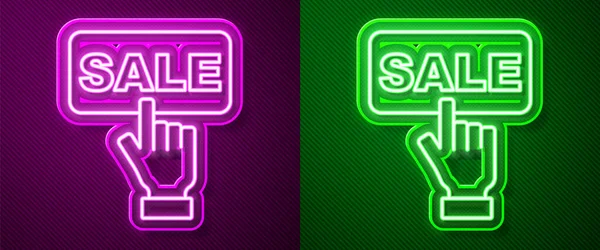 Linha de néon brilhante Preço de tag com uma inscrição Ícone de venda isolado em fundo roxo e verde. Distintivo por preço. Desconto de marca promocional. Vetor — Vetor de Stock
