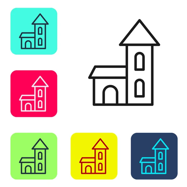 Schwarze Linie Kirche Gebäude Symbol isoliert auf weißem Hintergrund. Christliche Kirche. Religion der Kirche. Setzen Sie Symbole in farbigen quadratischen Tasten. Vektor — Stockvektor
