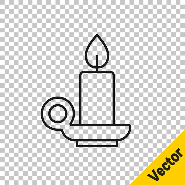 Schwarze Linie Brennende Kerze im Kerzenständer-Symbol isoliert auf transparentem Hintergrund. Zylindrischer Kerzenstock mit brennender Flamme. Vektor — Stockvektor