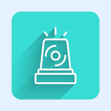 Beyaz çizgi Flasher siren ikonu uzun gölge arkaplan izole. Acil durum sireni. Yeşil kare düğmesi. Vektör