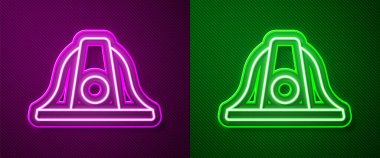 Parlayan neon hattı itfaiyeci miğferi ya da yeşil ve mor arka planda izole edilmiş itfaiyeci şapkası ikonu. Vektör