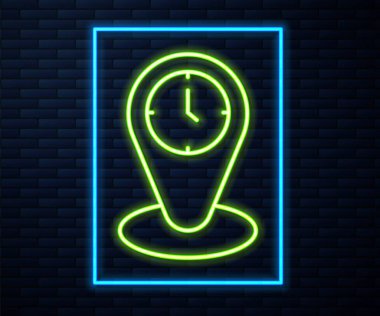 Parlayan neon çizgisi zaman dilimi simgeleri tuğla duvar arka planında izole edilmiş. Vektör