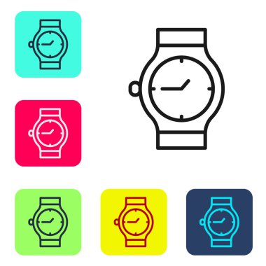Siyah çizgi bilek saat simgesi beyaz arkaplanda izole edildi. Kol saati simgesi. Renkli kare düğmelerle simgeleri ayarla. Vektör