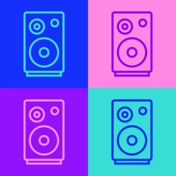 Pop art ligne Icône stéréo haut-parleur isolé sur fond de couleur. Haut-parleurs audio. Icône musicale. Colonne musicale haut-parleur équipement basse. Vecteur — Image vectorielle