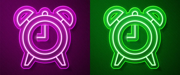 Ligne de néon lumineux icône de réveil isolé sur fond violet et vert. Réveille-toi, lève-toi concept. Signe temporel. Vecteur — Image vectorielle
