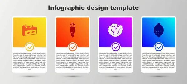 Definir tarte de frutas caseiro, cenoura, repolho e limão. Modelo de infográfico de negócios. Vetor — Vetor de Stock