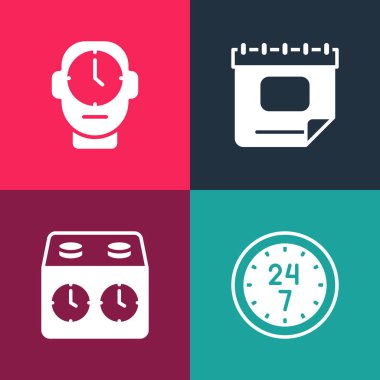 Pop sanat saatini 24 saat, satranç saatini, takvimi ve simgeyi ayarla. Vektör