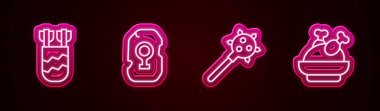 Oklarla titrek çizgi, sihirli mühür, dikenli mızrak ve kızarmış hindi ya da tavuk. Parlayan neon ikonu. Vektör