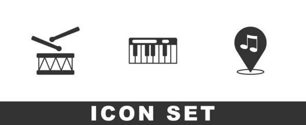 Set Tambour avec bâtons de batterie, synthétiseur de musique et icône de note de musique de localisation. Vecteur — Image vectorielle