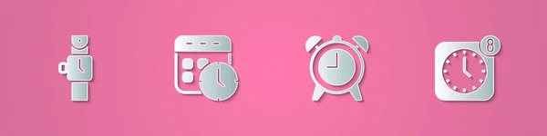 Nastavit papír střih Náramkové hodinky, Kalendář a hodiny, Alarm a app mobilní ikona. Papírový styl. Vektor — Stockový vektor