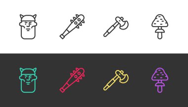 Çizgi Viking kafası, dikenli topuz, tahta balta ve mantar siyah beyaz. Vektör