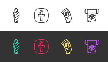 Mısır mumyası, Haç Ankh, Nefertiti ve Horus 'un Gözü' nü siyah beyaz papirüs parşömenine yerleştir. Vektör