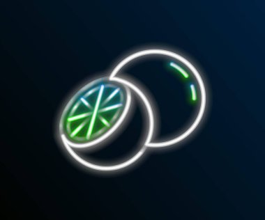 Parlayan neon hattı turuncu meyve ikonu siyah arkaplanda izole edildi. Renkli taslak konsepti. Vektör