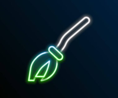 Parlayan neon hattı cadı süpürgesi simgesi siyah arka planda izole edildi. Mutlu Cadılar Bayramı Partisi. Renkli taslak konsepti. Vektör