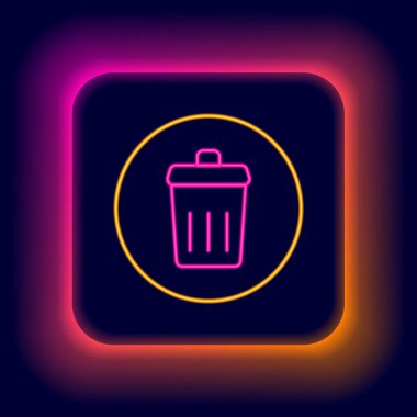 Parlayan neon hattı Çöp kutusu simgesi siyah arkaplanda izole edildi. Çöp kutusu tabelası. Sepet simgesini geri dönüştür. Ofis çöpü ikonu. Renkli taslak konsepti. Vektör