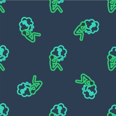 Soru işareti simgesine sahip çizgi insan kafası mavi arka planda izole edilmiş kusursuz desen. Vektör