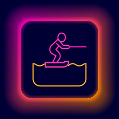Parlayan neon hattı. Siyah zemin üzerinde izole edilmiş su kayağı ikonu. Renkli taslak konsepti. Vektör
