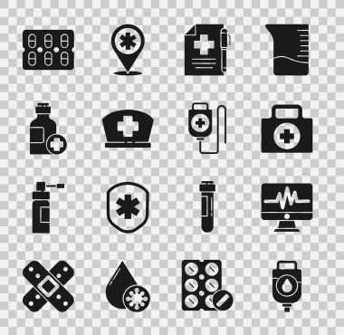 Serum torbası, kardiyogramlı monitör, ilk yardım kiti, tıbbi reçete ve kalem, hemşire şapkası haçı, ilaç şurubu şişesi, hap şişesi ve ikon. Vektör