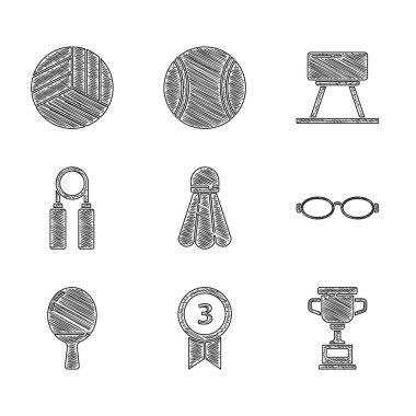 Badminton servis aleti, madalya, yüzme gözlüğü, masa tenisi raketi, spor açıcı, Pommel atı ve voleybol ikonu. Vektör