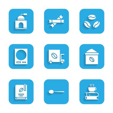 Kahve kamyonu makinesi, kaşık ve kitap, kahve çekirdekleri, elektronik teraziler ve manuel öğütücü ikonu. Vektör