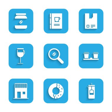 Kahve çekirdekleri, tatlı jöleli çörek, kahve makinesi, kahve fincanı paket, İrlanda yemeği, poşet ve kavanoz şişe ikonu. Vektör