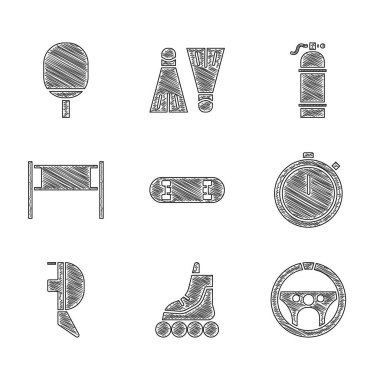 Kaykay numarası, paten, direksiyon simidi, kask maskesi, voleybol ağı, masa tenisi ikonu olarak Aqualung ve raket. Vektör