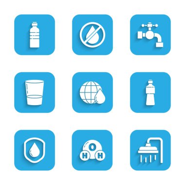 Dünya gezegenini su damlasına çevirin, H2O 'nun kimyasal formülü, duş başlığı, şişe su geçirmez, cam kaplı, musluk ve ikon. Vektör